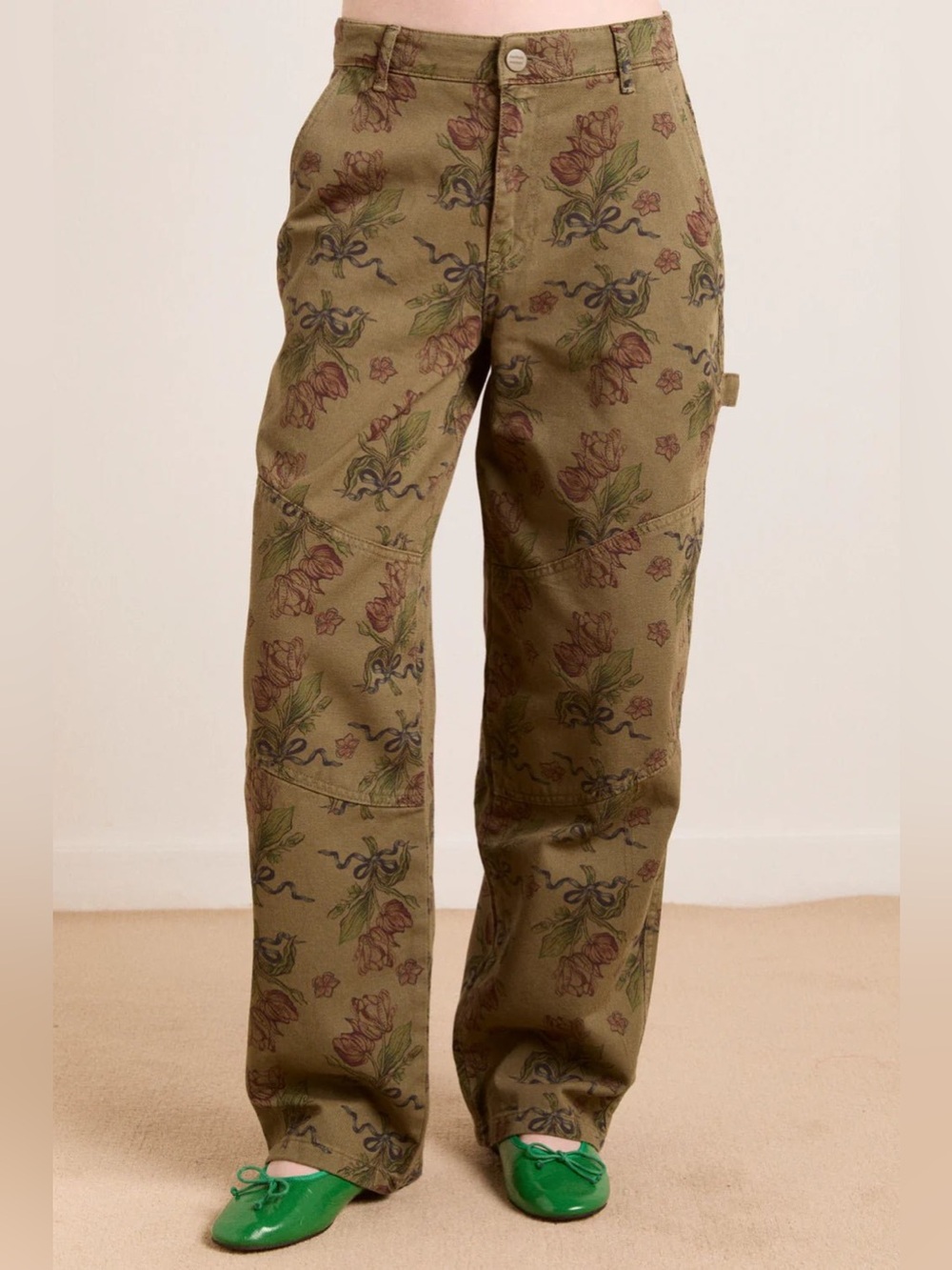 Damson Madder Drew Tulip Khaki Floral Wide Leg Cargo Jeans US 6 UK 10 Cotton Y2K